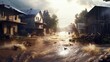 flood flood the river overflowed its banks. Natural disaster houses flooded with water. AI Generative