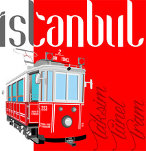 Istanbul City Skyline, Tram, Vector Illustrations For Poster.