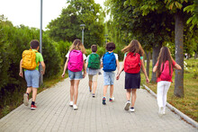 Group Of Kids On Their Way To School. Several Children Going To Class Together. Six Male And Female Students With Colorful Backpacks Walking Along The Park Path. Back View, Backside Shot From Behind