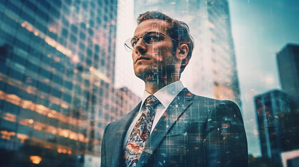 Businessman's double exposition with cityscape and financial graphics on a blurry background of a building.Сreated with Generative AI technology.