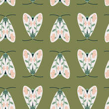 Abstract Seamless Pattern With Butterflies. Vector Folk Art With Moths On A Green Background. For Fabric, T-shirt Print, Wallpaper, Packaging
