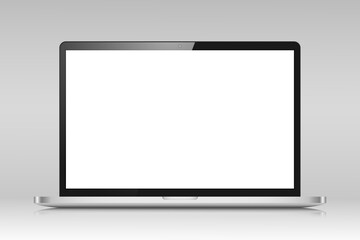 Fototapete - Realistic laptop layout with reflection on a gray gradient background. A laptop with a silver case and a white screen. Vector illustration.