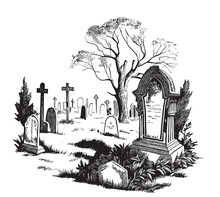 Old Retro Cemetery Hand Drawn Sketch Illustration