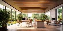 A Serene Office Space With Stylish Desks, Wooden Ceiling, And Nature-inspired Elements, Generative AI