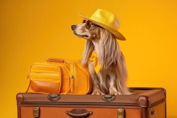 Poster - Afghan hound breed dog, wearing sunglasses, wearing a hat, with suitcases for vacation, summer travel concept. Generative AI