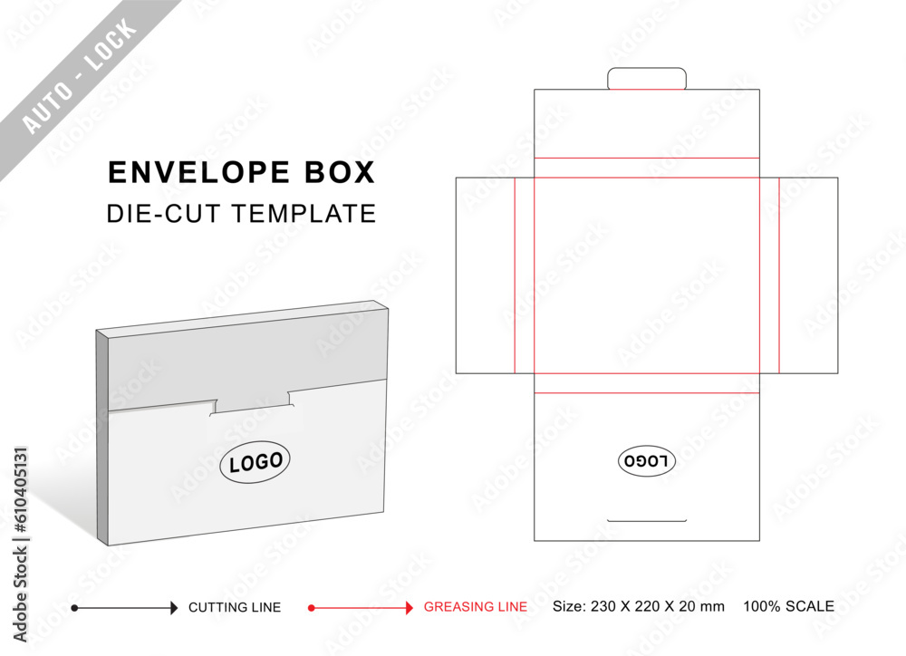 Simple envelope box die cut template with 3D blank vector mockup Stock ...