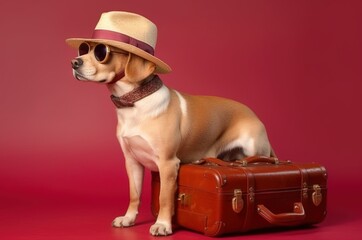 Poster - Labrador dog breed, wearing sunglasses, wearing a hat, with suitcases for vacation, summer travel concept. Generative AI