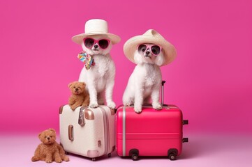 Two white poodles in glasses and hats are sitting on pink suitcases. Summer travel concept. Generative AI.