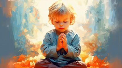 Wall Mural - Little boy praying to God with hands held together, generative ai
