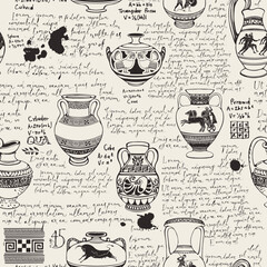 Wall Mural - Vector vintage seamless pattern or wallpaper on the theme of ancient Greece. Manuscript with sketches antique amphoras and jugs with ornaments, handwritten texts Lorem Ipsum, blots and spots.