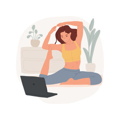 Wall Mural - Yoga isolated cartoon vector illustration. Sporty smiling teenage girl doing yoga with laptop, online class, digital lifestyle, social media channel, wellness video vector cartoon.