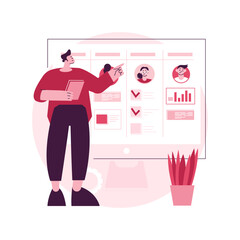 Poster - Kanban board abstract concept vector illustration. Teamwork communication process, agile project management, scrum meeting, development stages, work progress visualization abstract metaphor.