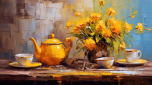 Painted Beautiful Flowers In Yellow, Brown And Ocher Tones Delicately Placed On A Rustic Ceramic Teapot, In Composition With Other Traditional Kitchen Utensils, Generative AI