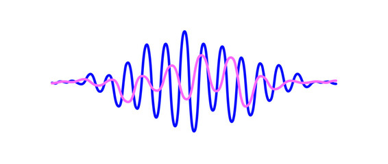 Poster - Blue and pink overlapping sound waves. Two sinusoid lines with different frequency and amplitude. Voice or music audio samples. Electronic radio signal and impulse graphics. Vector