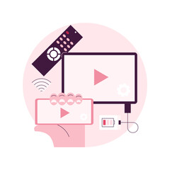 Poster - SmartTV technology abstract concept vector illustration. Internet television, online streaming technology, smart TV accessories, home cinema entertainment, 4k resolution video abstract metaphor.
