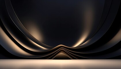 Wall Mural - Beautiful black abstract luxury background with 3D texture of wavy lines with golden elements and smooth podium