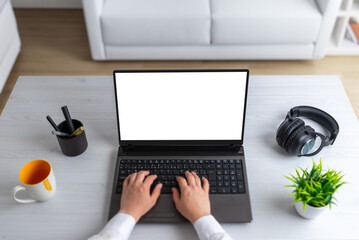Poster - Laptop computer with isolated display on office desk. Top view composition