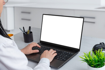 Aufkleber - Laptop computer mockup. Woman work on laptop in office. Business composition. Isolated screen for web page presentation