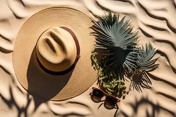 Sticker - Summer flat lay with hat, sunglasses, sunscreen, and shadows from palm leaves on sand-colored backdrop. Image of a hot summer day at the beach. Generative AI