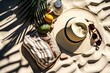 On a sandy beach with palm tree shadows, a striped linen beach towel, a woven bag, and two coconuts can be seen. idea of unwinding and taking tropical summer holidays. Generative AI