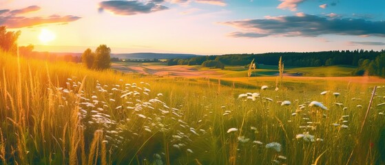 beautiful summer colorful rustic pastoral landscape panorama. tall flowering grass on green meadow a