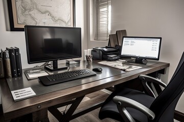 Poster - Interior of a modern office with black computer and black chair. A real estate office desk organized with various office stationeries, like pens, notepads, folders, and computer