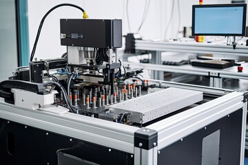 Poster - Closeup of a 3D printer in a modern laboratory. A small computer controlled industrial machine, operated by a human hand, AI Generated