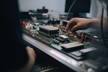 Poster - Closeup of hands of a technician repairing a computer motherboard. A small computer controlled industrial machine, operated by a human hand, AI Generated