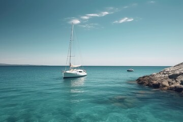 Wall Mural - Sailing boat on the turquoise water of the Mediterranean Sea, A small yacht gracefully sailing on the tranquil waters of a beautiful ocean on a sunny day, AI Generated