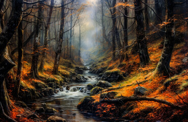 Wall Mural - painting of a stunning river landscape surrounded by trees during sunset