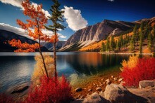 Indian Summer In The Canadian Rocky Mountains. The Lake Vermillon Shoreline Is Covered With Red, Yellow, And Orange Vegetation. Lakes And Mountains Covered With Golden Fall Leaves. Generative AI