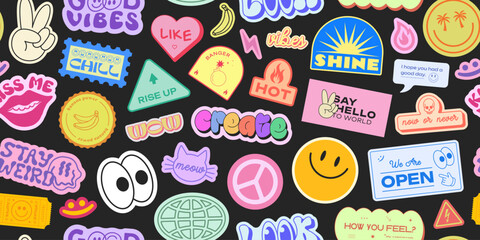 Poster - Cool Stickers Collage Y2K Seamless Pattern. Trendy patches background retro style. Pop Art Graphic Elements.