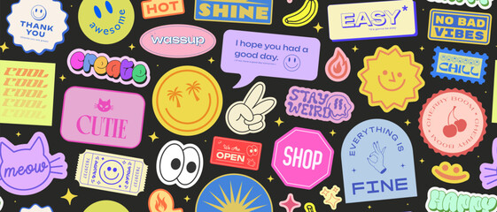 Poster - Cool Stickers Collage Y2K Seamless Pattern. Trendy patches background retro style. Pop Art Graphic Elements.