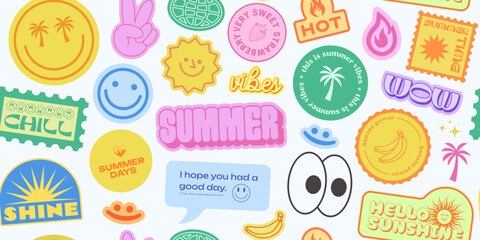 Aufkleber - Cool Stickers Collage Y2K Seamless Pattern. Trendy patches background retro style. Pop Art Graphic Elements.