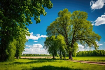 Poster - The bright summer woodland contrasts with the sky and fields. Beautiful green tree landscape with blue sky backdrop. Generative AI