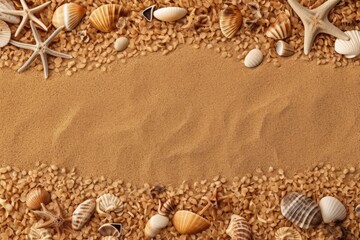 Canvas Print - Sea sand adorned with starfish and shells. In the top view, copy space. Generative AI