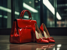 A Pair Of Red High Heels Shoes And Matching Colored Handbag, Sitting On A Smooth Reflective Floor, Generative AI