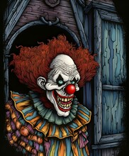 Partially Colored Pencil Coloring Of A Coloring Book Page, Vintage Comic Book Illustration Style Of An Evil Clown At A Haunted House.