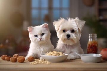 Happy mealtime, Little Maltese dog and cat enjoy natural food together Generative AI