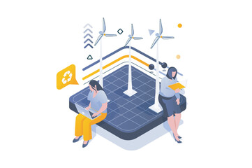 Aufkleber - Eco lifestyle concept in 3d isometric design. Wind turbines station for energy generation and using renewable alternative sources. Vector illustration with isometric people scene for web graphic