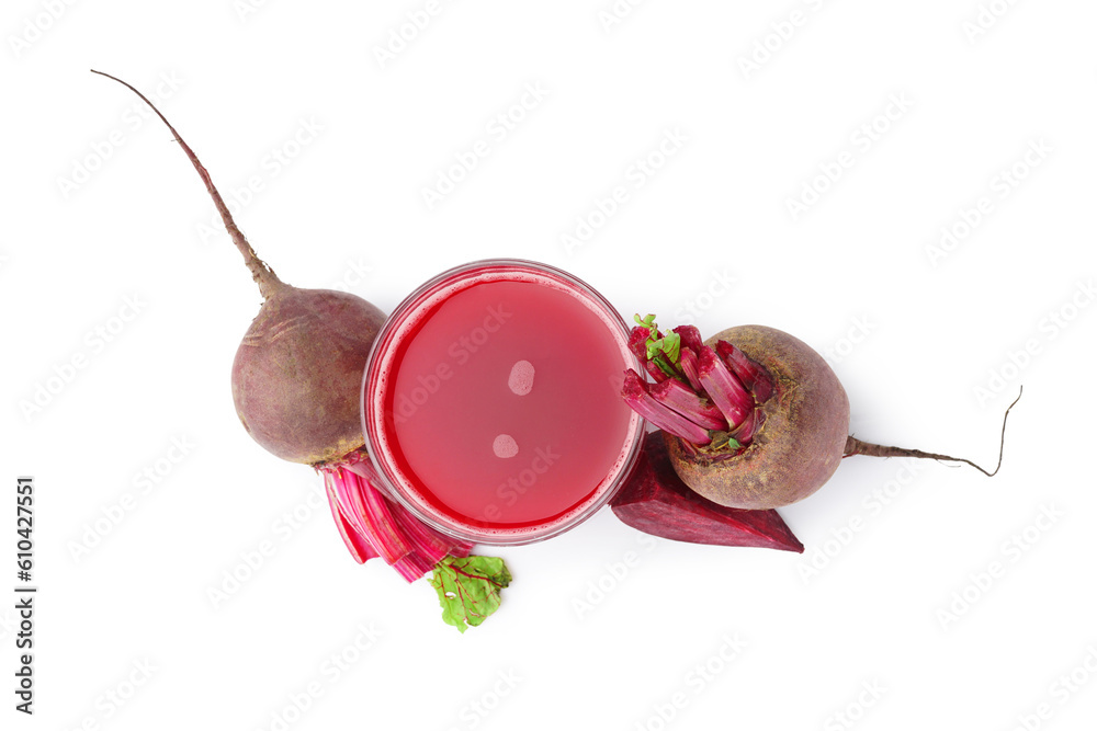 Glass of fresh beetroot juice and vegetables isolated on white background