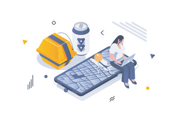 Aufkleber - Food delivery concept in 3d isometric design. Woman makes online order from restaurant and tracks package using map in mobile app. Vector illustration with isometric people scene for web graphic