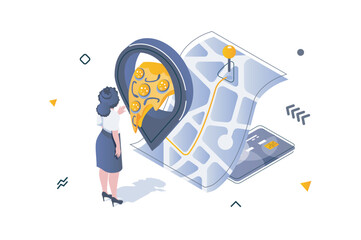 Poster - Food delivery concept in 3d isometric design. Woman tracks her package with pizza order from restaurant using map and pays online. Vector illustration with isometric people scene for web graphic