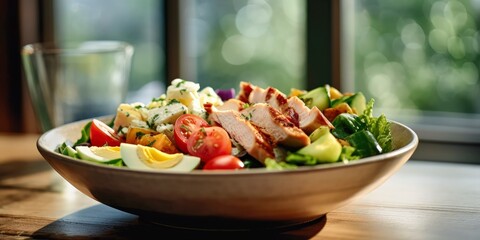 Wall Mural - chicken cobb salad with blue cheese, bacon, eggs and avocado on plate created with generative AI