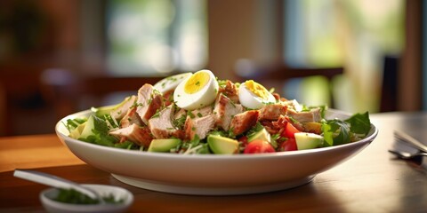 chicken cobb salad with blue cheese, bacon, eggs and avocado on plate created with generative AI