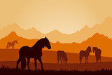 Fototapeta Konie - Landscape  with horses silhouettes, mountains background, bright colors. Vector illustration.