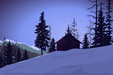 Wall Mural - Forest winter landscape with small 
 hut, mountains, trees, snow, sunrise, blue background, vector illustration.