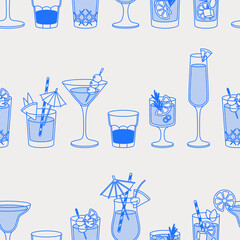 Wall Mural - Seamless pattern of different cocktails. Line art, retro. Vector illustration for bars, cafes, and restaurants.