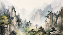 Watercolor Landscape Of Mountains In China. Created Using Generative AI Technology.