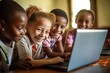 © Adriana - back to school, smiling children playing with a laptop at a classroom. Generative AI